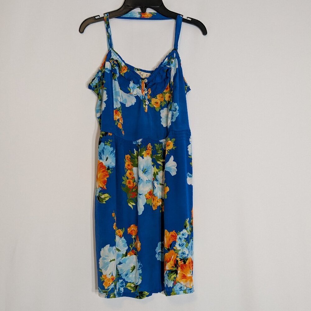 HOLLISTER Blue Floral Sleeveless Halter Fit & Flare Sundress; Size M